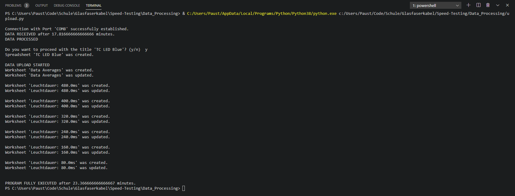 Konsolenausgaben beim Daten-Upload für TC LED Blau